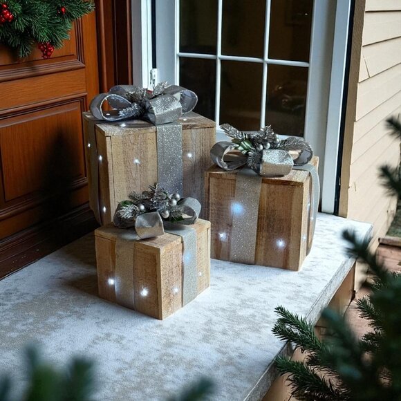 Alpine Christmas Lighted Gift Box Set 3 Pcs Wood Silver Ribbon Led Holiday Decor - Picture 4 of 8